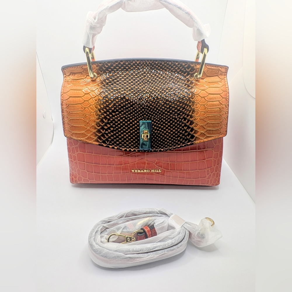 NWT ‼️Verano Hill Metallic Red, Orange, Chocolate Brown Crocodile Embossed Bah